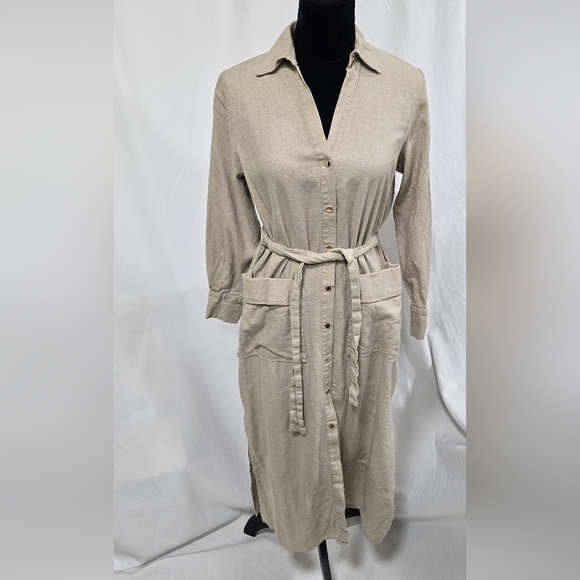 Zara women S linen midi shirt dress tied earthy gold snap buttons tan trench - Picture 3 of 8